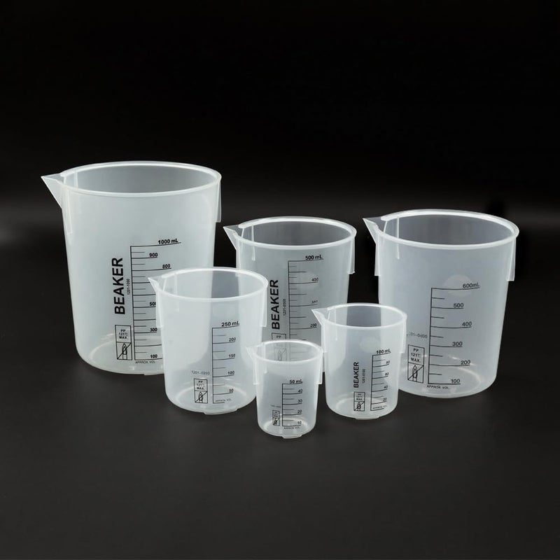 ULAB Scientific stackable graduated plastic beaker set, 6 sizes 50ml 100ml 250ml 500ml 600ml 1000ml, with easy-to-read printings in black, UBP1002 - Image 2